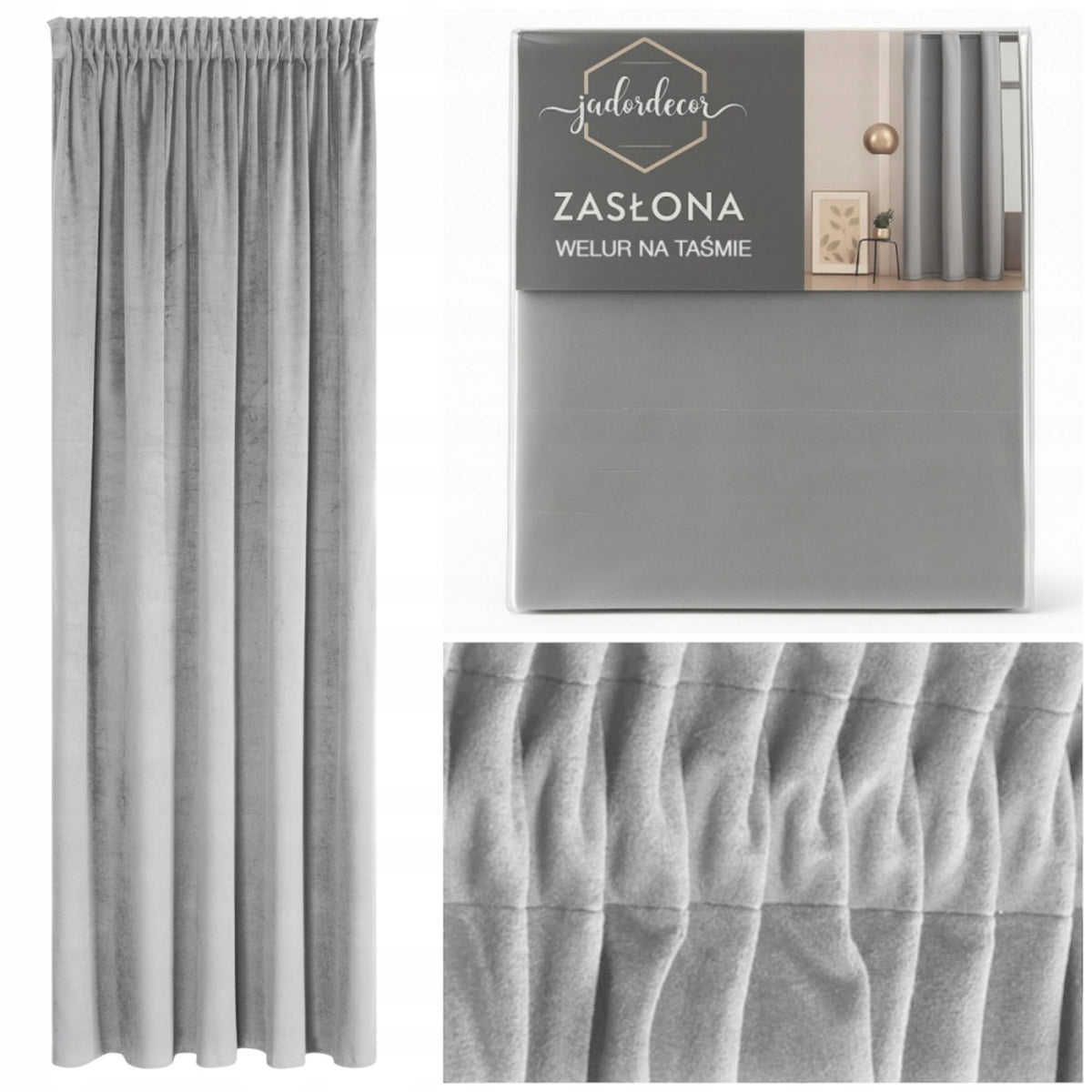 Gotowa Zasłona Velvet Zasłony na Taśmie Żabki 140x250 Welurowa Jasny Szary do salonu i sypialni, gładka tkanina