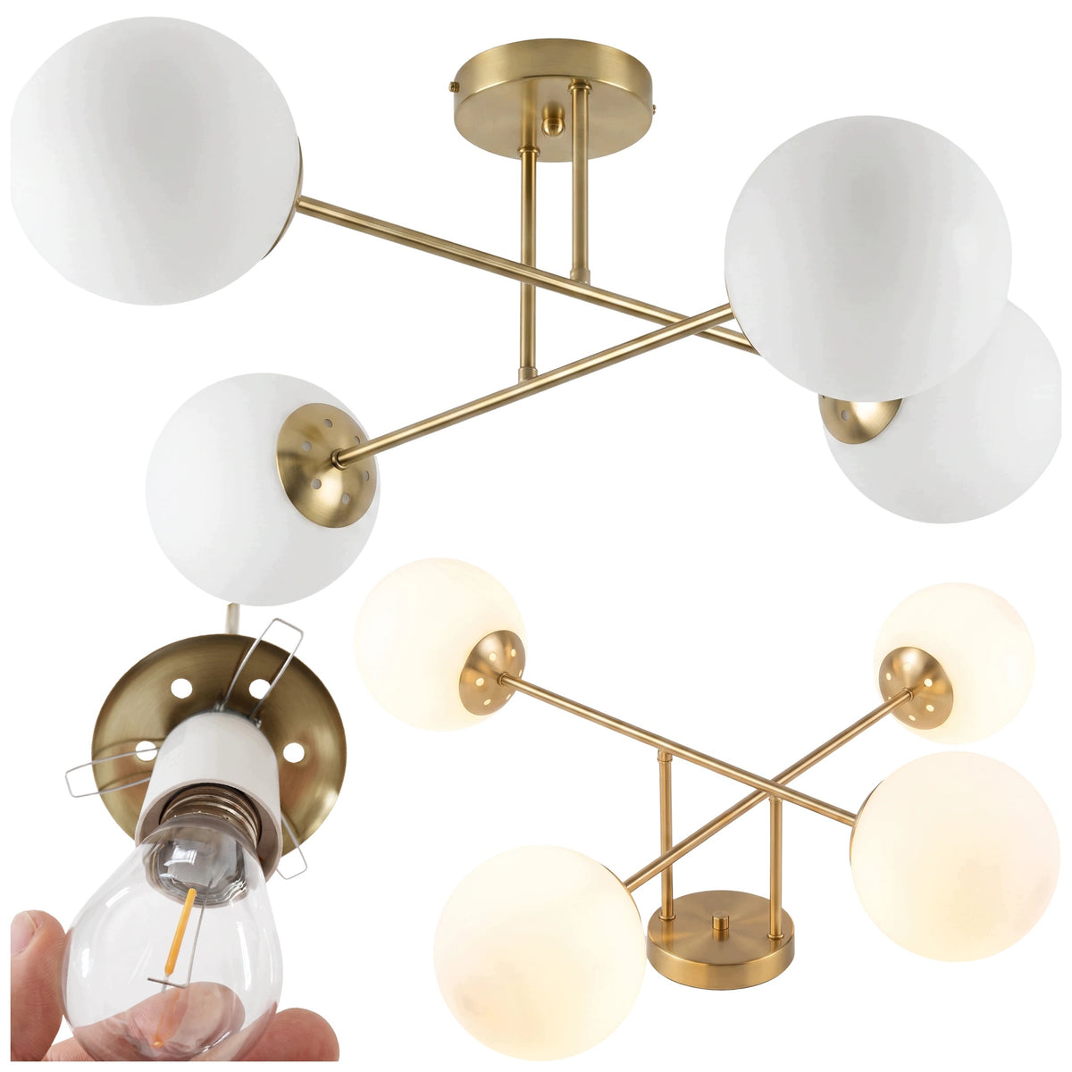Złota Lampa Wisząca Sufitowa Żyrandol Białe Kule LED E27 4 KLOSZE ŚWIETLNE metalowa do salonu jadalni wysokość 28 cm