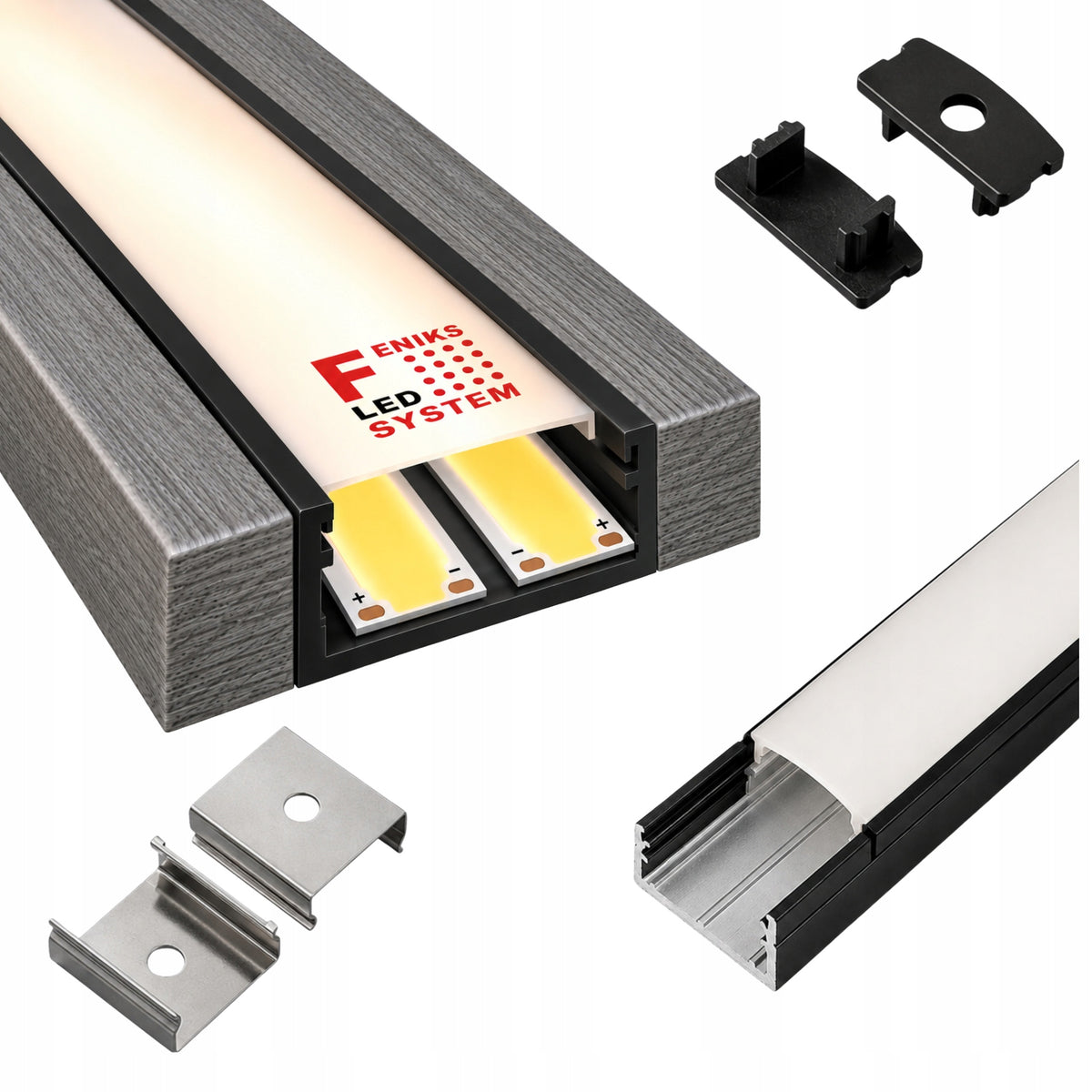 Profil do taśmy LED Czarny Aluminiowy Nawierzchniowy Szeroki 20mm 2m 2taśmy listwa montażowa, kanał oświetleniowy
