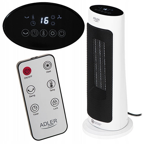 Termowentylator ceramiczny LED z pilotem oscylacja timer 200W 7738 adler biały grzejnik pokojowy elektryczny farelka ogrzewacz z termostatem do domu