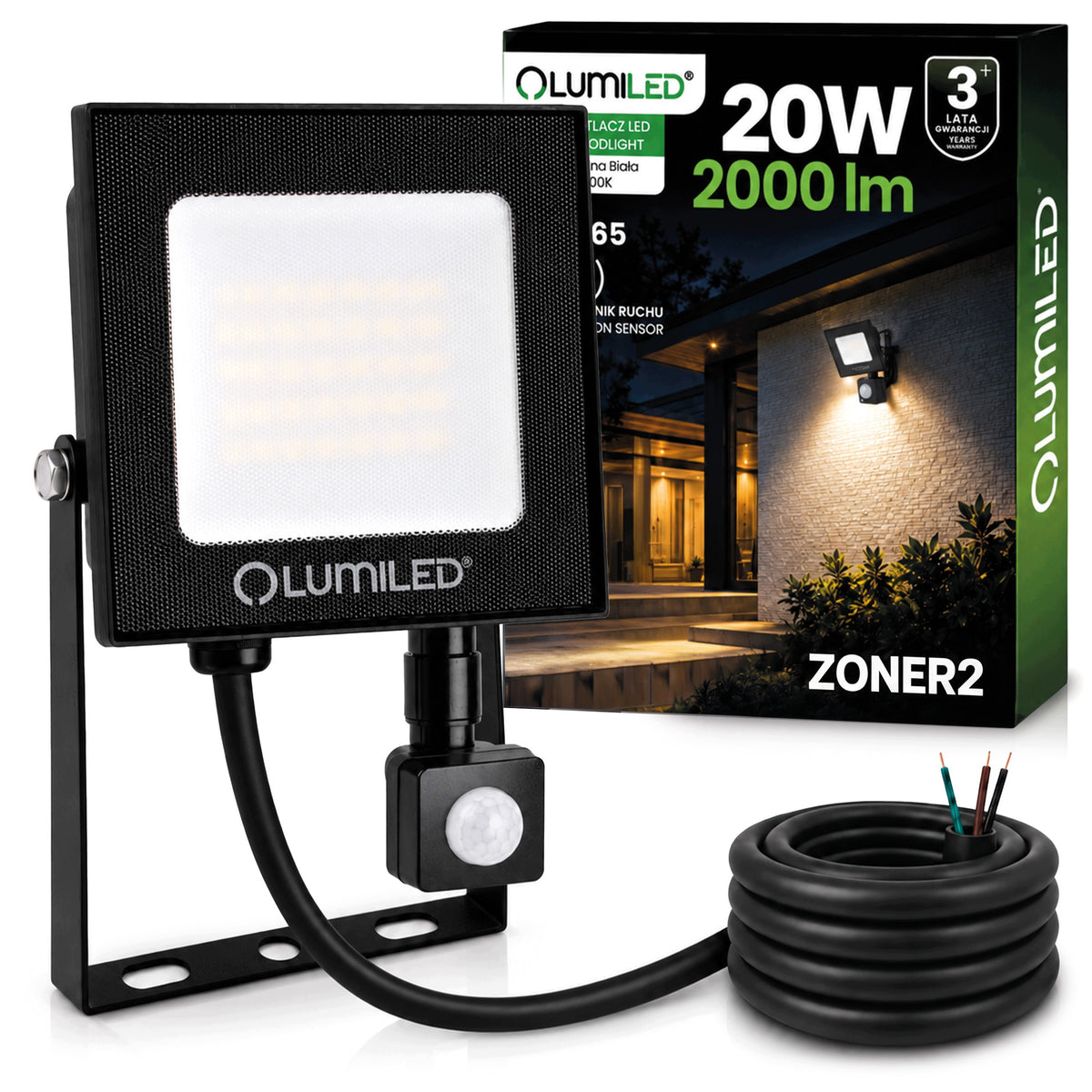 Halogen naświetlacz LED 20W zewnętrzny lampa z czujnikiem ruchu Garaż reflektor ogrodowy, 2000 lm, IP65, neutralna biel