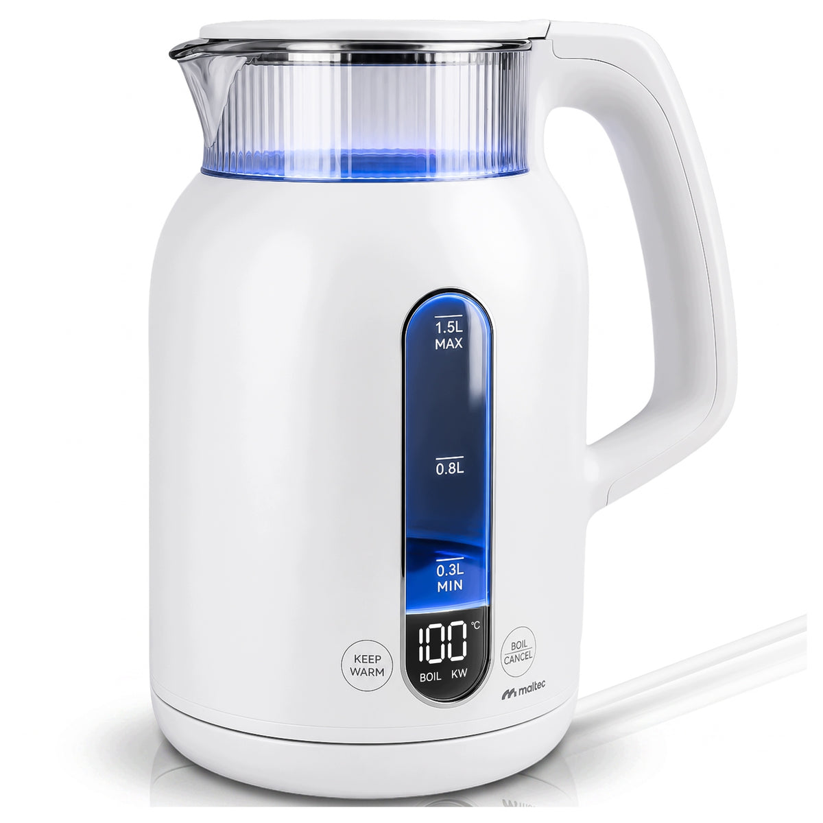 Czajnik elektryczny z regulacją temperatury LED podtrzymywanie ciepła 1,5l 1.5 l 1500 w biały szkło, tworzywo sztuczne