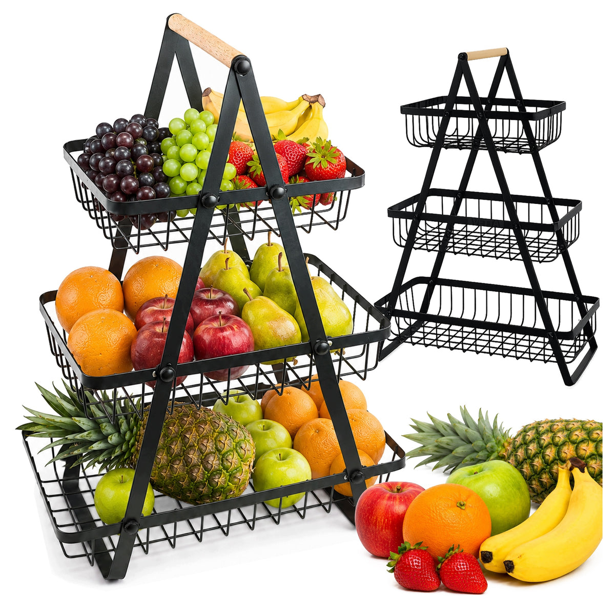 Kosz Na Owoce Warzywa Koszyk Organizer Stojak Piętrowy Metalowy 3 Poziomy do kuchni, czarny i brązowy, wysokość 47 cm