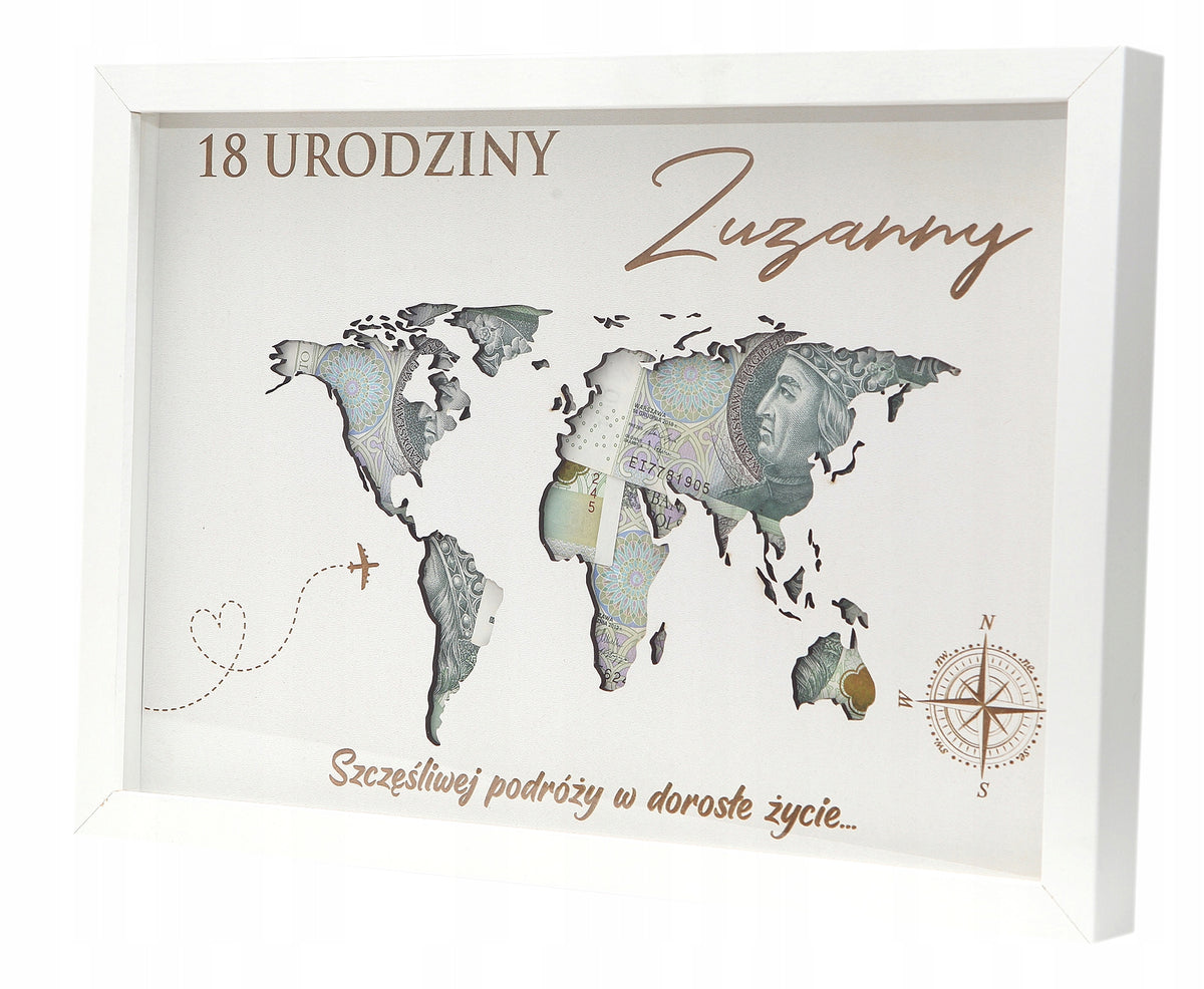 Pudełko na Pieniądze Ramka Prezent 18 30 40 Urodziny złote lustro Mapa 3D skarbonka z grawerem, dekoracja z życzeniami