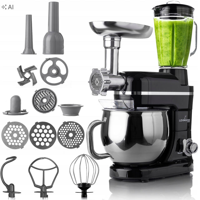 Robot kuchenny planetarny mikser z misą blender szklany maszynka do mięsa 6 biegów, pojemnik 5 l, kielich 1,5 l, kruszenie lodu, wyrabianie ciasta
