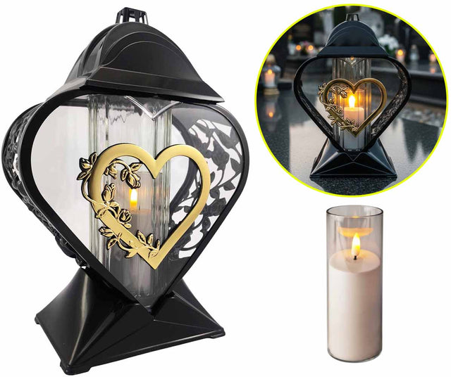 Duży znicz serce złoty lampion na grób 33cm stabilny wkład LED w zestawie dekoracja cmentarna, ozdoba nagrobna, pamięć o bliskich