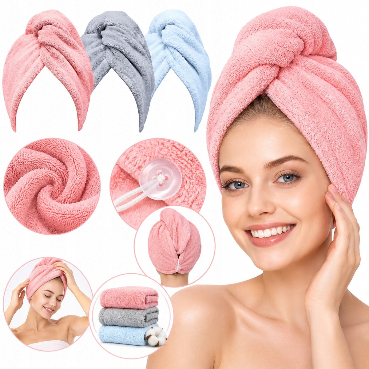 Ręcznik turban do włosów z mikrofibry, szybkoschnący, zestaw 3 sztuk BOTC czapka do osuszania po kąpieli, 25x65 cm