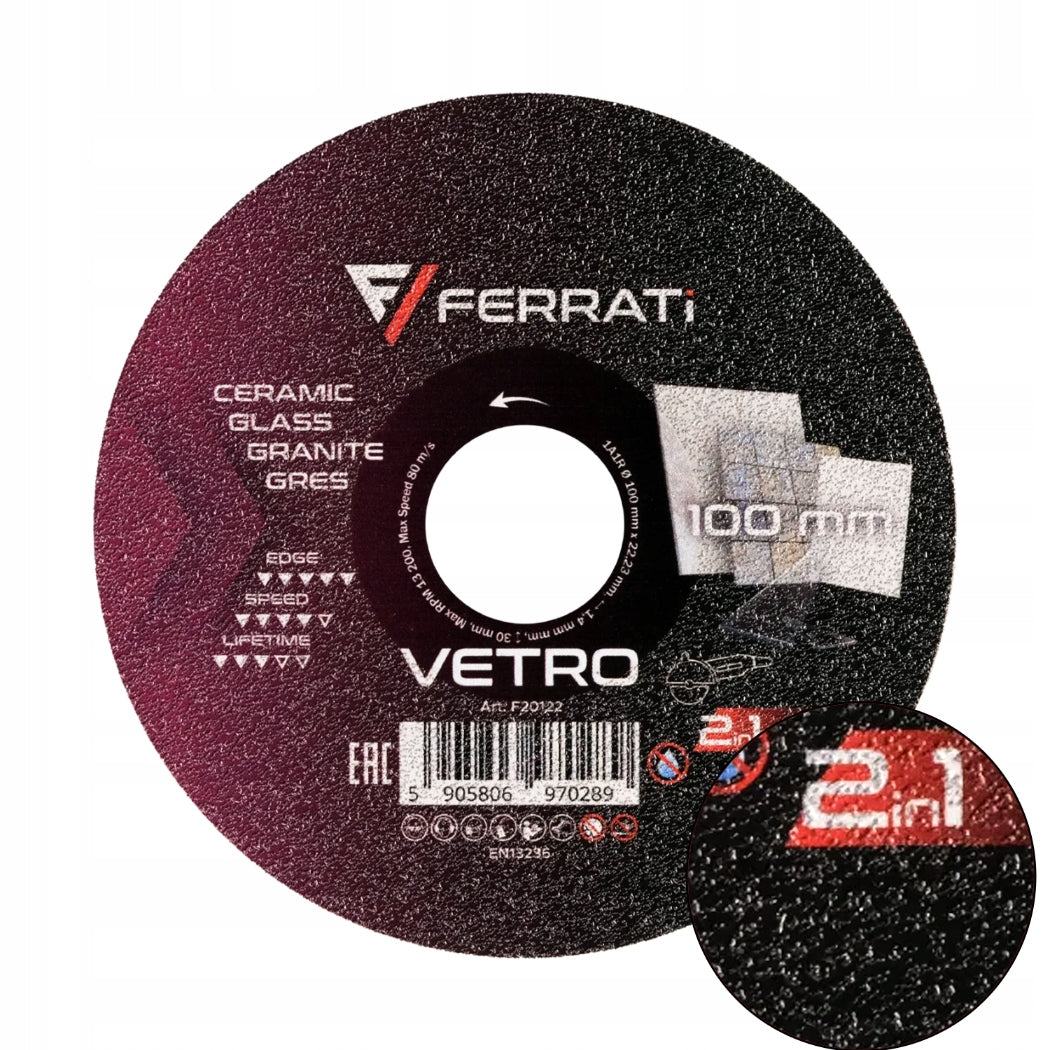 Tarcza diamentowa FERRATi vetro 100mm do szlifowania gresu kamienia marmuru ceramika, płytki, otwór 22,2 mm