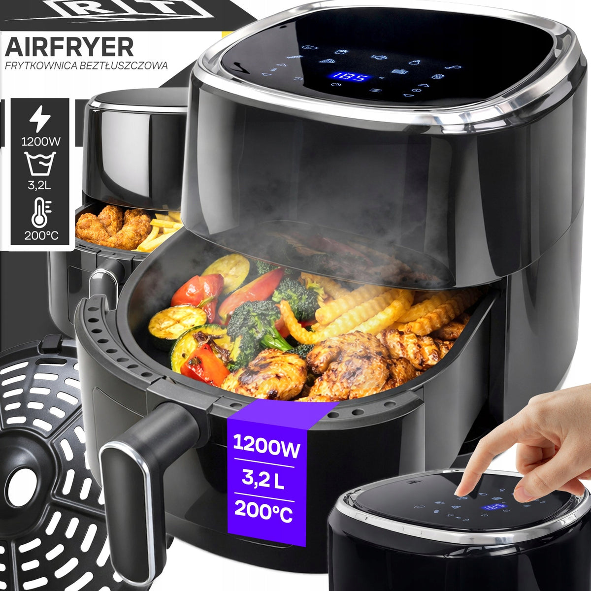 Frytkownica beztłuszczowa AIR fryer 3,2l piekarnik 1200W 10 trybów airfryer 1200 w czarny