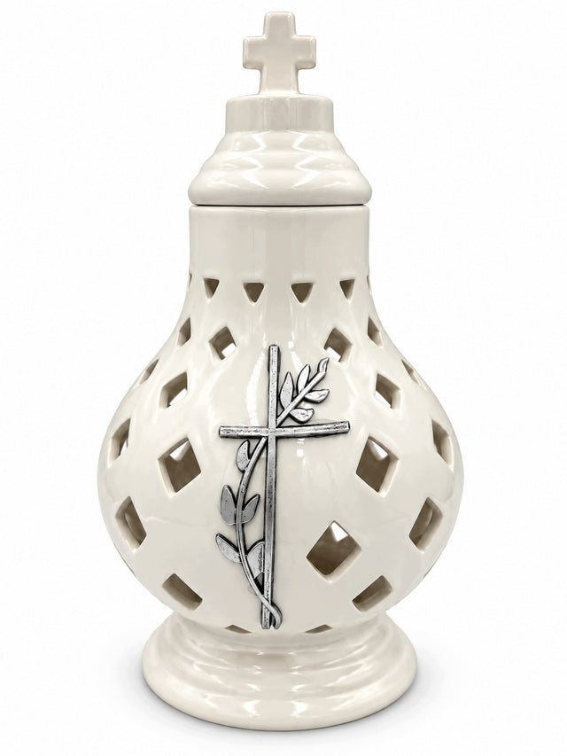 Znicz ceramiczny ażurowy biały kremowy z krzyżem lampion nagrobny premium świecznik cmentarny, ozdoba na grób, wysokość 38 cm