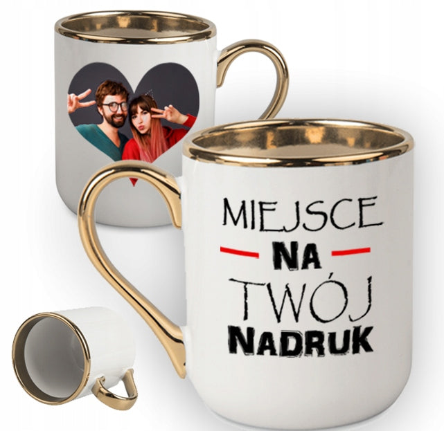 Kubek z Twoim nadrukiem ze złotym uchwytem zdjęcie prezent kubki z własnym ceramiczny 330 ml, do kawy i herbaty