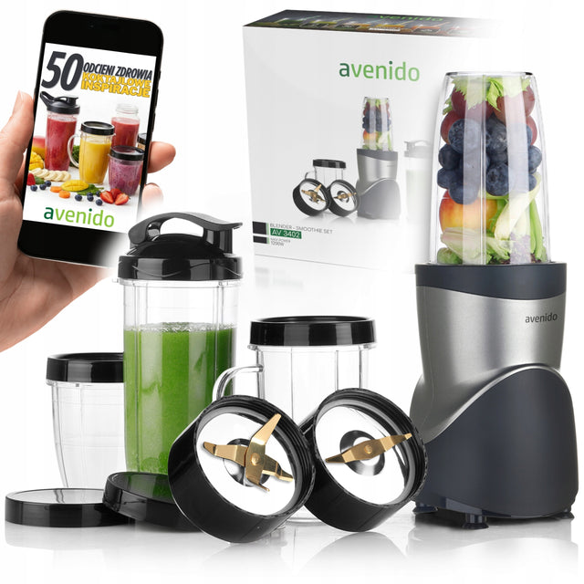 Blender kielichowy do smoothie do koktajli 1200W + 4 butelki kubki bidony