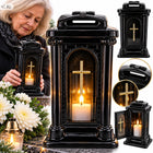 Znicz duży szklany na grób czarny ceramiczny kapliczka złoty krzyż lampion cmentarny parafinowy 32 cm dekoracja nagrobna