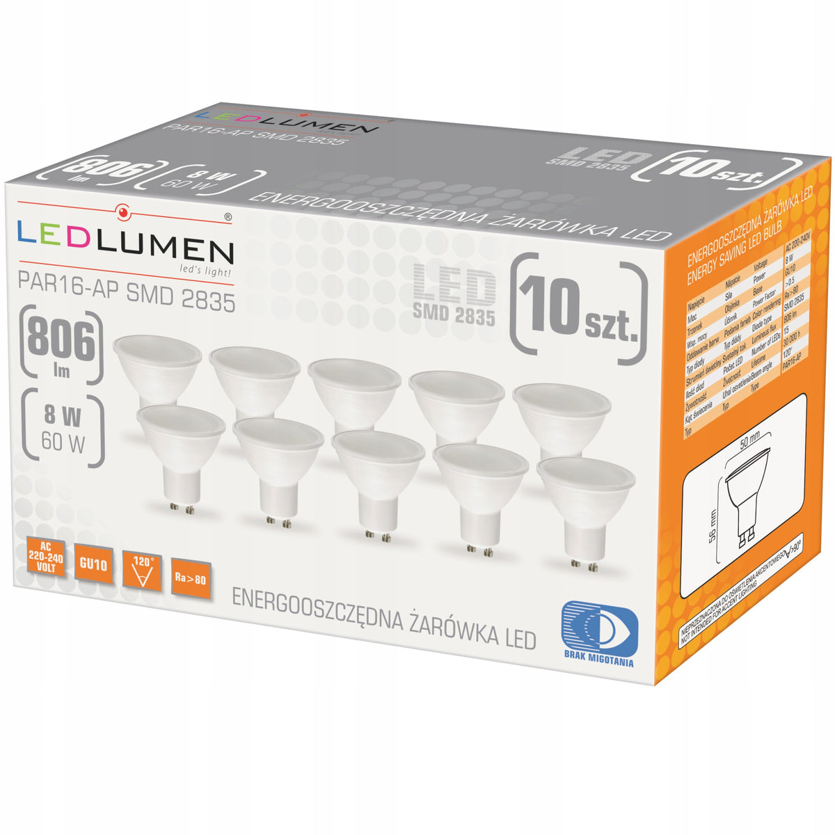 Zestaw 10x Żarówka LED GU10 8W=60W 806lm Premium Nie Mruga Neutralna 4000K zamiennik halogenowy, do opraw sufitowych i