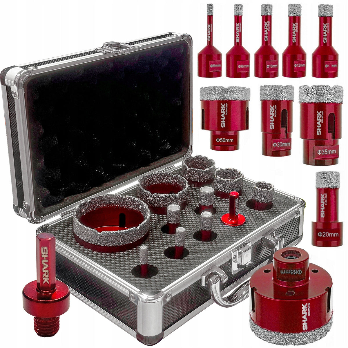 Koronka diamentowa otwornica M14 Shark zestaw 10 sztuk walizka + adapter wiertło do gresu, płytek, glazury, granitu
