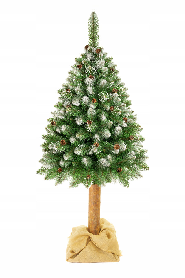 Choinka sztuczna na pniu 200 cm sosna diamentowa z naturalną szyszką 181 - 200 cm zielony drzewko bożonarodzeniowe na drewnianym pniu, wąska do domu