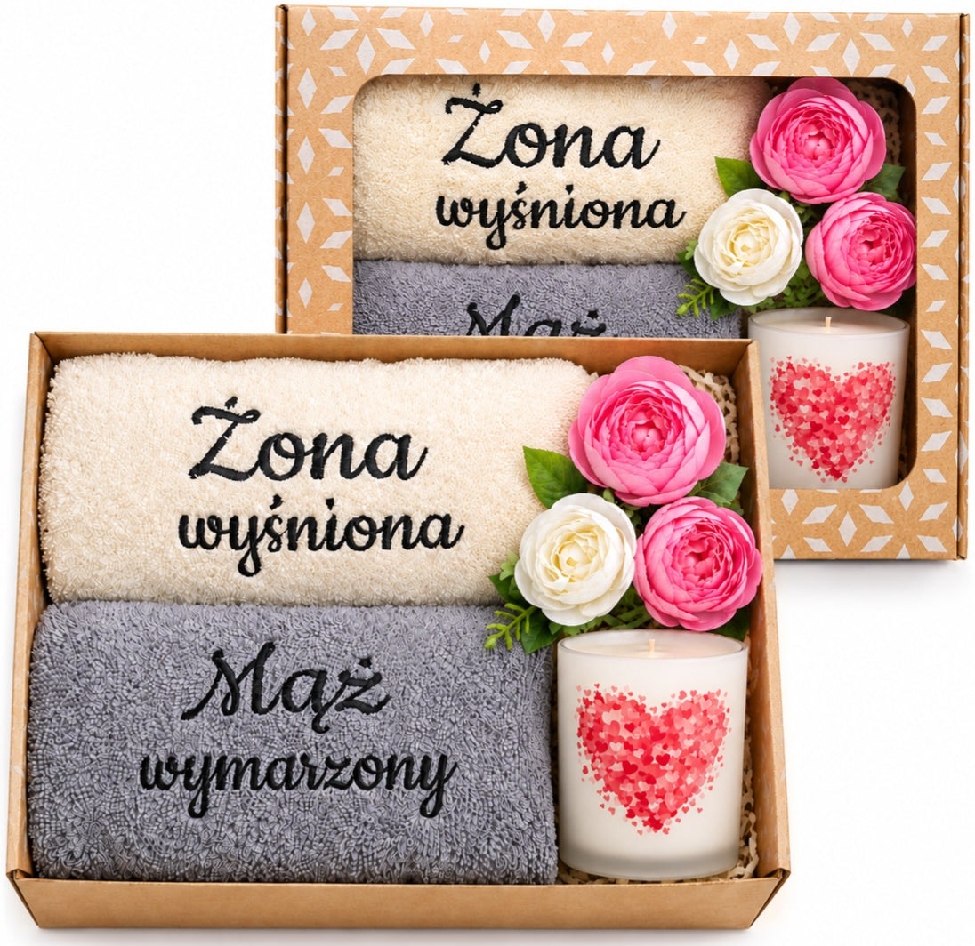 Zestaw RĘCZNIKÓW na Ślub wesele prezent weselny kosz ręcznik z haftem DUŻY komplet łazienkowy 50x100 cm dla nowożeńców