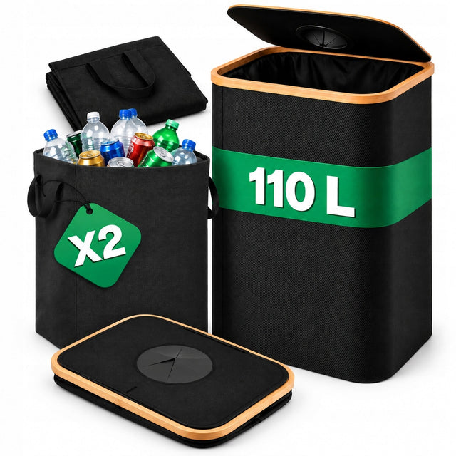 Kosz Na Butelki Plastikowe Zwrotne 110l - Składany Pojemnik + 2 Torby sortownik opakowań kaucyjnych, segregator odpadów, do recyklingu, czarny 82 cm