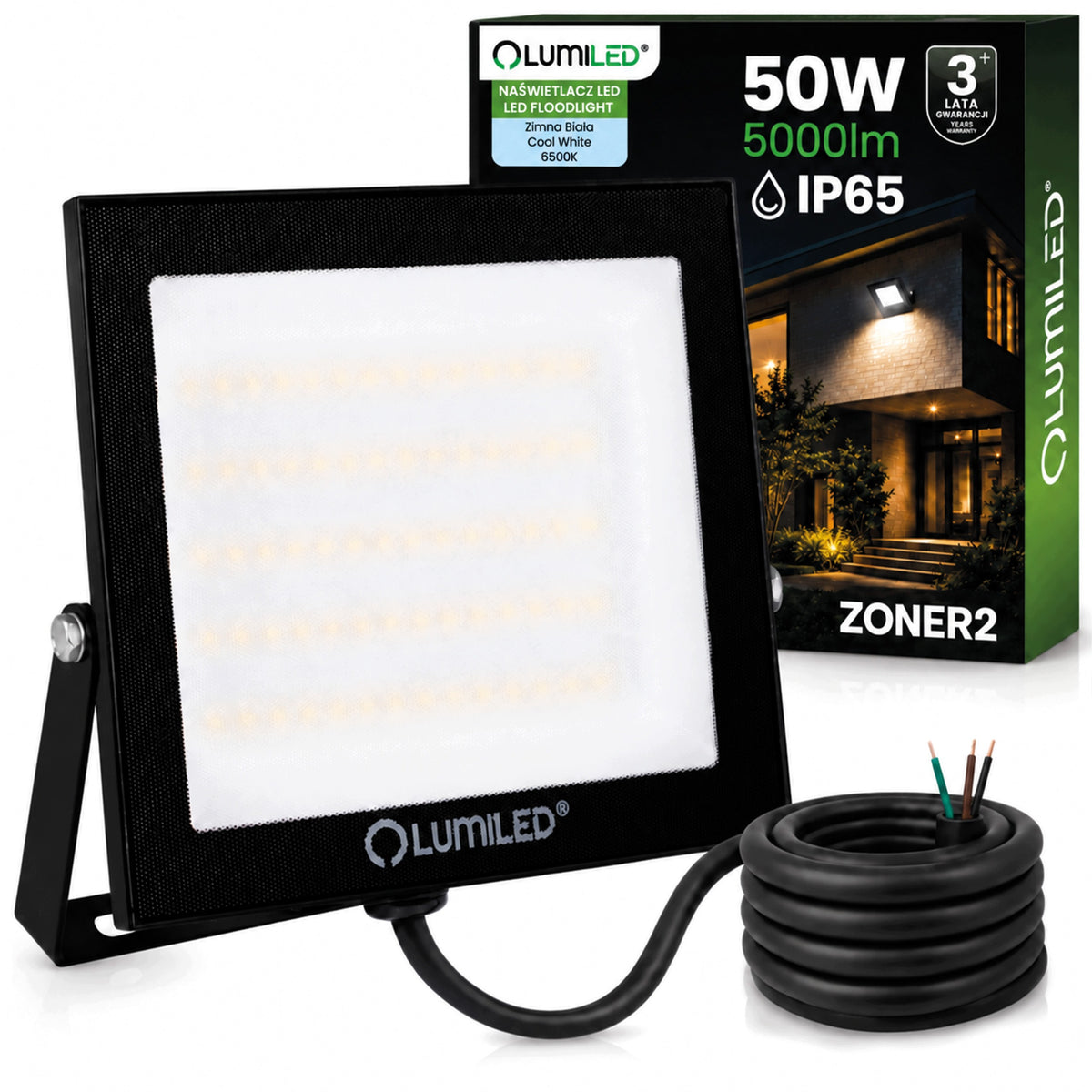 Naświetlacz LED Halogen 50W 5000LM 6500K IP65 Zewnętrzny Reflektor Lampa do ogrodu, na podjazd i elewację, zimne białe
