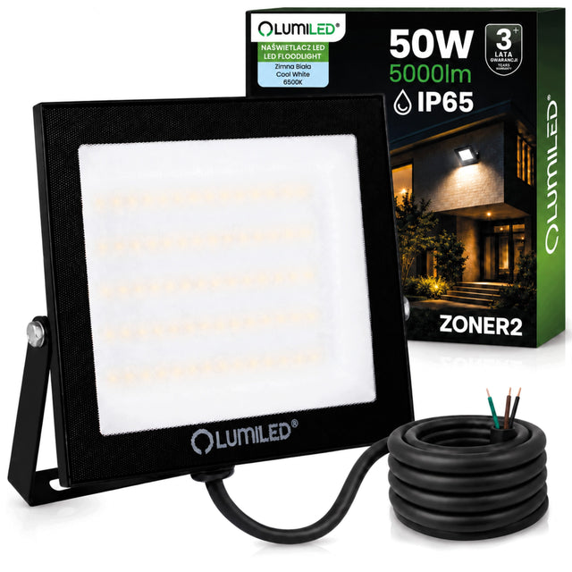 Naświetlacz LED Halogen 50W 5000LM 6500K IP65 Zewnętrzny Reflektor Lampa do ogrodu, na podjazd i elewację, zimne białe światło