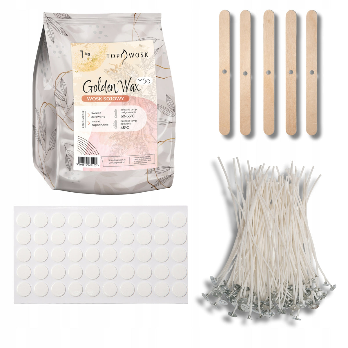 Zestaw do robienia świec Wosk sojowy Y50 z knotami 16cm klejem i stabilizat akcesoria DIY, rękodzieło, własnoręczne