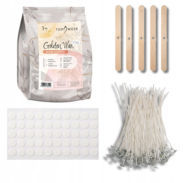 Zestaw do robienia świec Wosk sojowy Y50 z knotami 16cm klejem i stabilizat akcesoria DIY, rękodzieło, własnoręczne tworzenie świeczek