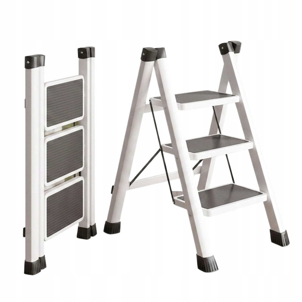 Drabinka drabina 3 stopniowa składana schodki taboret domowa kuchnia biała stalowa, udźwig 150 kg, podest 62 cm, do