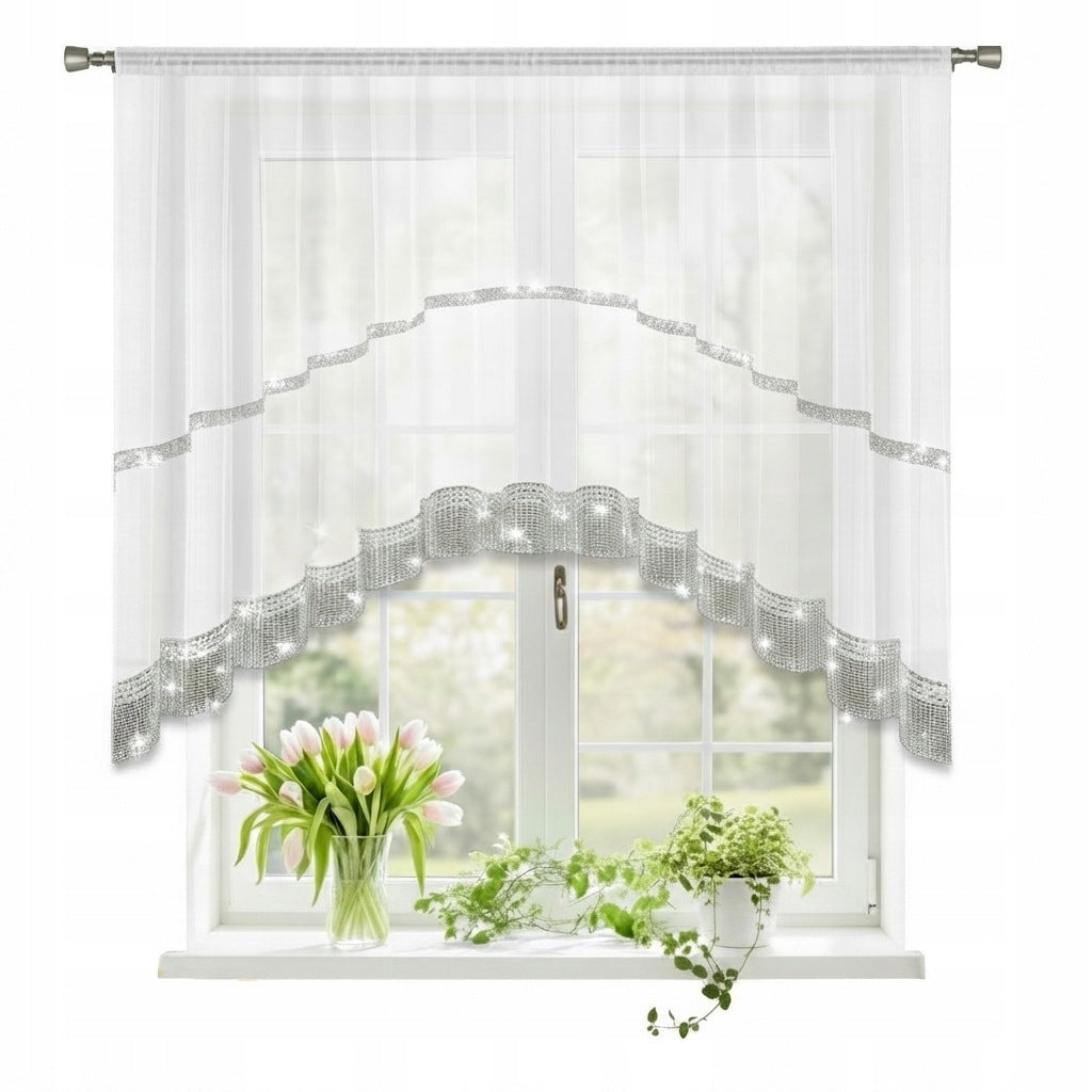 Firana Biała Elegancka cyrkonie Glamour Do Salonu Sypialni Kuchni 300x150cm woalowa dekoracja okienna, gładka, na