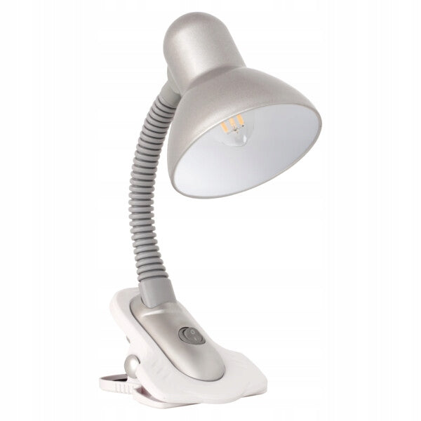 Lampka biurkowa srebrna E27 suzi HR-60-SR Kanlux lampa stołowa do nauki i pracy, oprawa na żarówkę, zasilanie sieciowe, 10 w, 19 cm
