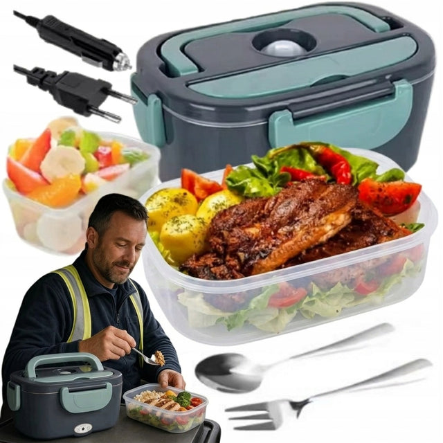 Elektryczny lunch box termos obiadowy samochodowy podgrzewany 1.5l śniadaniówka, pojemnik na jedzenie do pracy, zielony