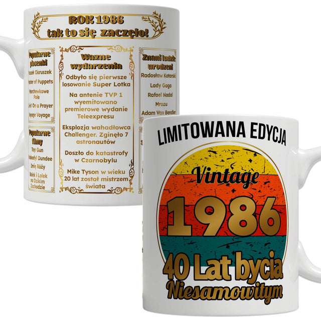 Prezent na 40 urodziny dla kobiety mężczyzny kubek na kawę 40 LAT 1986 ROK ceramiczny z nadrukiem 330 ml do herbaty, można myć w zmywarce