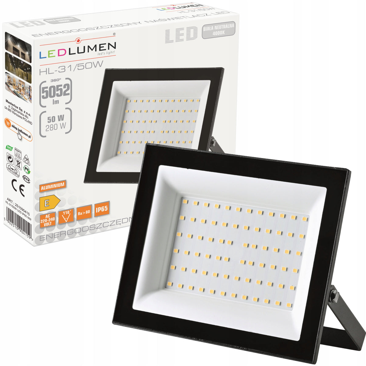 Naświetlacz LED 50W Zewnętrzny IP65 4000K 5052lm Lampa Halogen Reflektor oświetlenie posesji, podjazdu i elewacji