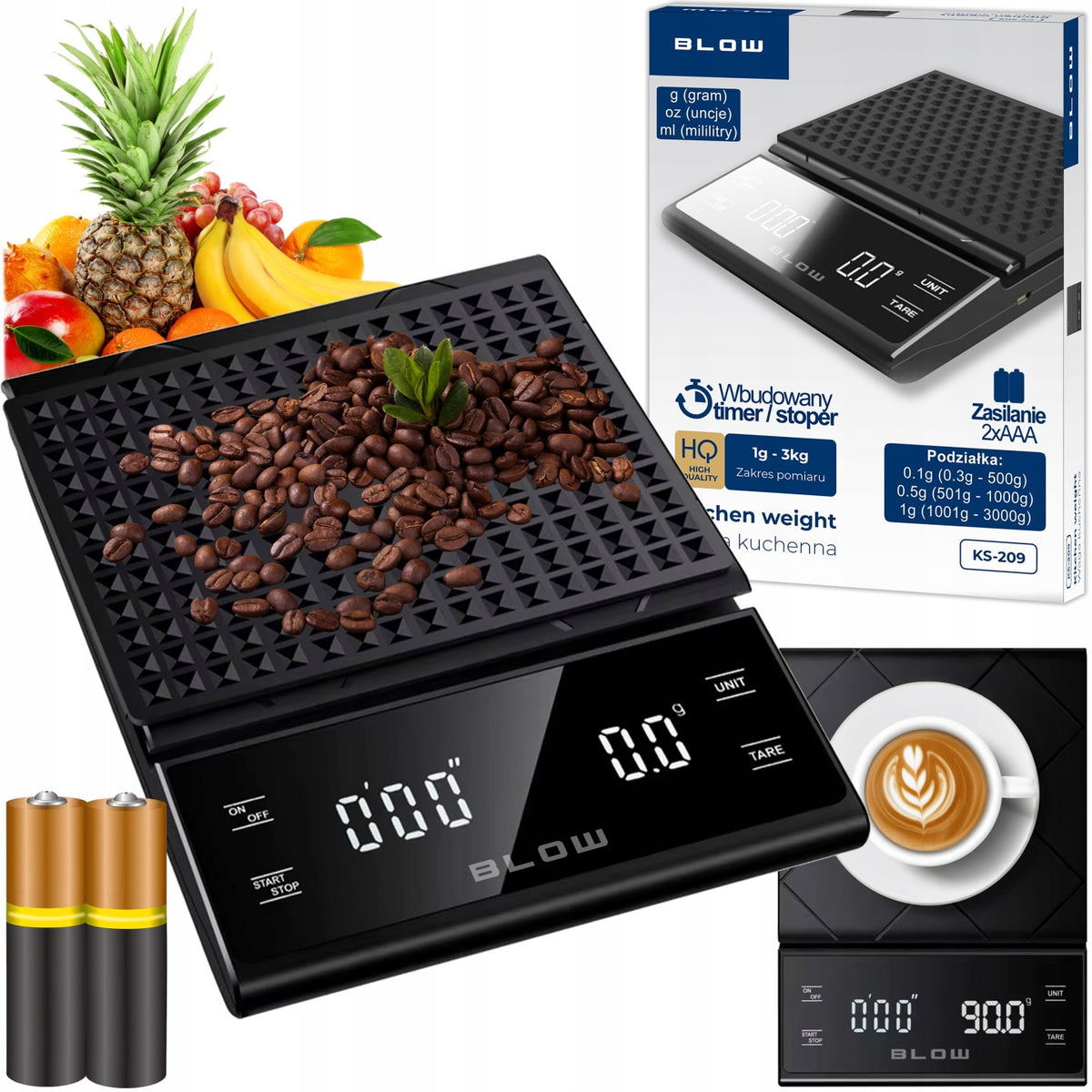Elektroniczna waga kuchenna do kawy precyzyjna 3000g/0,1g LCD timer baterie z tarowaniem, odliczanie, czarna, 3 kg