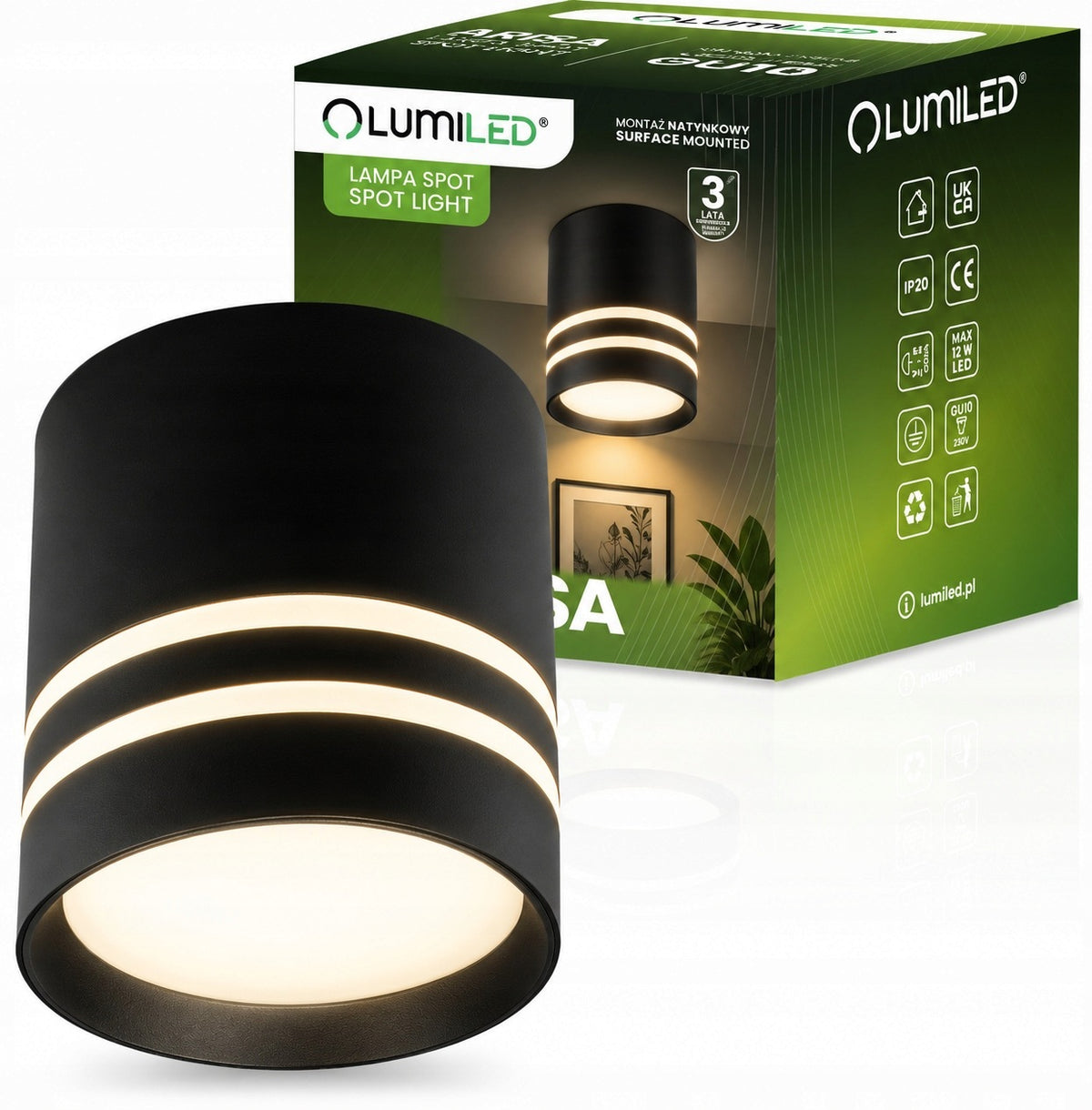 Oprawa Halogenowa Sufitowa Spot Tuba LED GU10 Spot Lampa Natynkowa Okrągła czarny reflektor punktowy 12 W, 8 × 10 cm