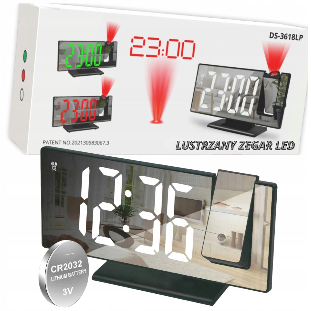 Elektroniczny zegar LED cyfrowy z projektorem budzik termometr lustro 4w1 czarny tworzywo sztuczne