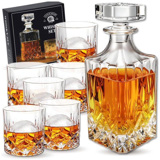 Zestaw do Whisky karafka 900ml + 6x szklanek w eleganckim Pudełku dekanter, bezbarwne szkło, mycie w zmywarce do bourbona, koniaku i likieru, szklany