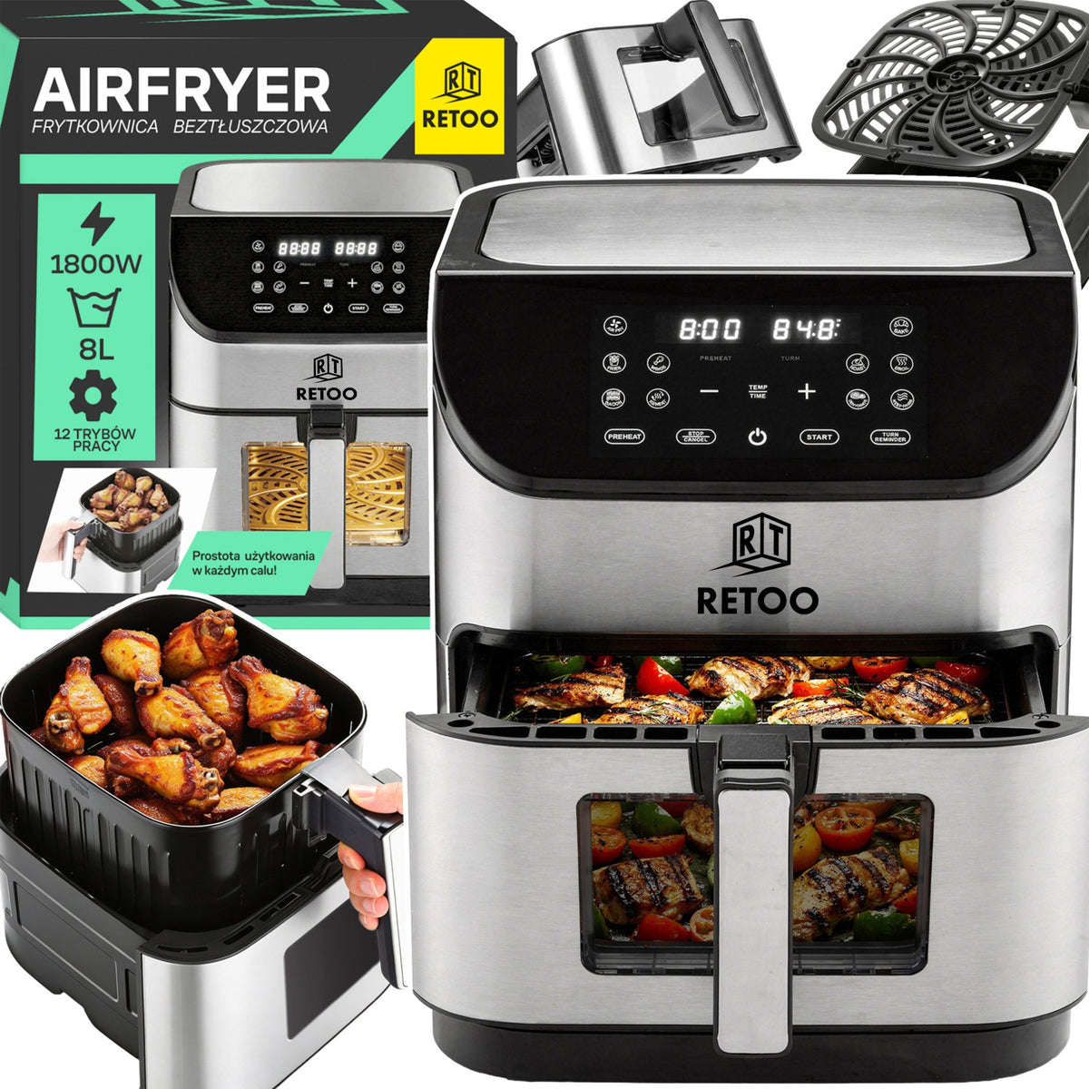 Frytkownica beztłuszczowa AIR fryer frytownica duża misa 8l XXL mocna 1800W srebrny