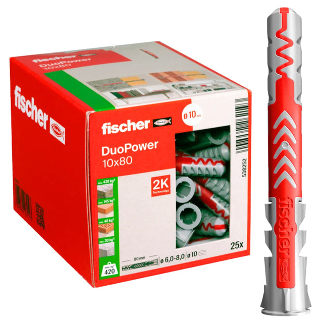 Fischer DuoPower 10x80 538242 kołek rozporowy 25 szt do montażu w ścianie, mocowanie elementów, kołek nylonowy, uniwersalny dybel 10 mm długość 80 mm