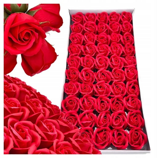Róże mydlane czerwone flower box 50 sztuk główki z szypułką do bukietów dekoracja wnętrz, ozdoba stołu, upominek dla