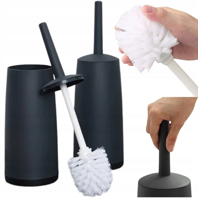 Szczotka do WC czyszczenia toalety komplet zestaw toaletowy czarny jakość wolnostojąca, zamykany pojemnik, matowe tworzywo sztuczne do łazienki