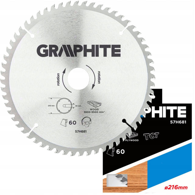 Graphite Tarcza do pilarki 216x30mm +redukcje 60 zębów piła tarczowa 57H681 do cięcia drewna i płyt wiórowych