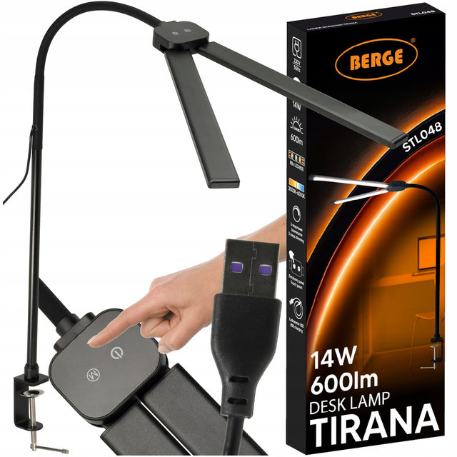 Lampka Biurkowa LED Na Biurko Szkolna Lampa Kreślarska do Biura 14W CCT ściemniana, z zaciskiem, czarna, 82 cm, zasilanie sieciowe