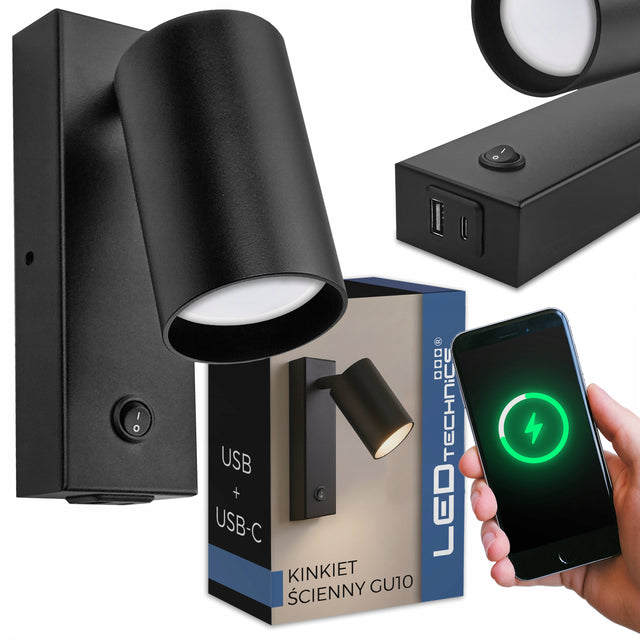 Kinkiet Ścienny Lampka LED z włącznikiem nocna nad łóżko + USB usb-c czarna oprawa GU10 do sypialni i czytania, tworzywo sztuczne, 10 w