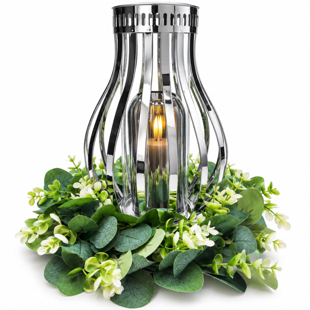 Znicz metalowy Srebrny 30 cm Świeca LED wianek nagrobny XXL kapliczka lampion cmentarny, ozdoba na grób, dekoracja grobu
