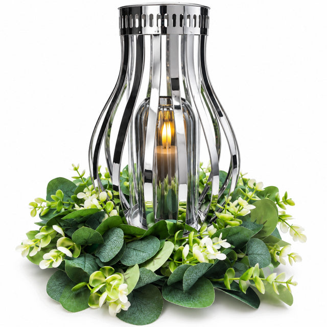 Znicz metalowy Srebrny 30 cm Świeca LED wianek nagrobny XXL kapliczka lampion cmentarny, ozdoba na grób, dekoracja grobu