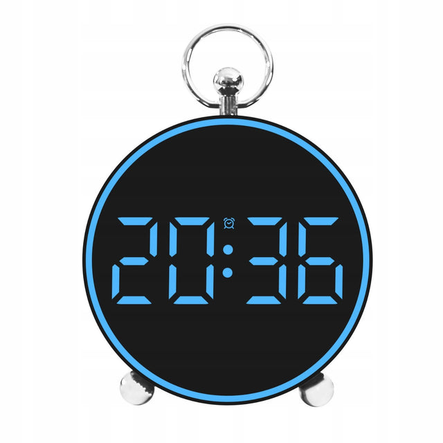 Zegar budzik LED elektroniczny cyfrowy temperatura godzina alarm niebieski na baterie, z tworzywa sztucznego, średnica 11 cm