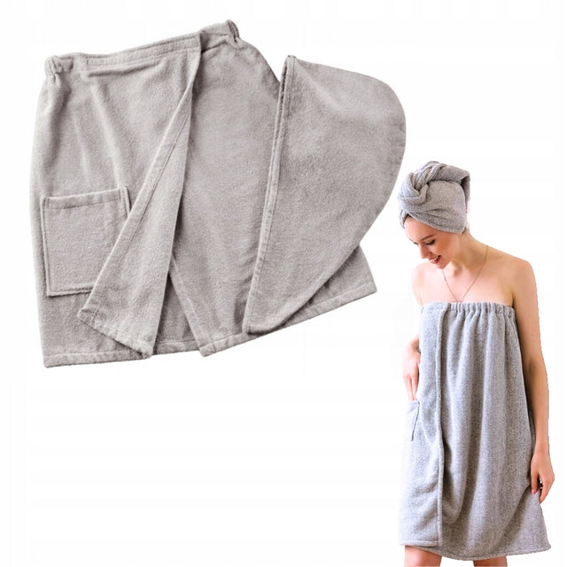 Kilt ręcznik kąpielowy + turban na głowę damski woman do sauny SPA basen owijka na ciało, pareo, 75x140 cm, szara, 510-600 GSM