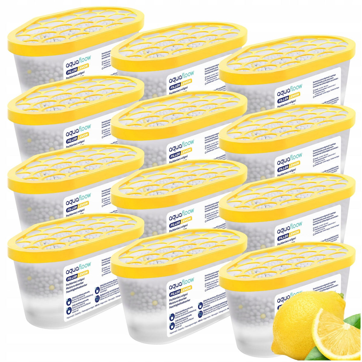 Pochłaniacz wilgoci osuszacz powietrza cytrynowy AquaFloow 12 szt 400 ml zapachowy absorber do pomieszczeń