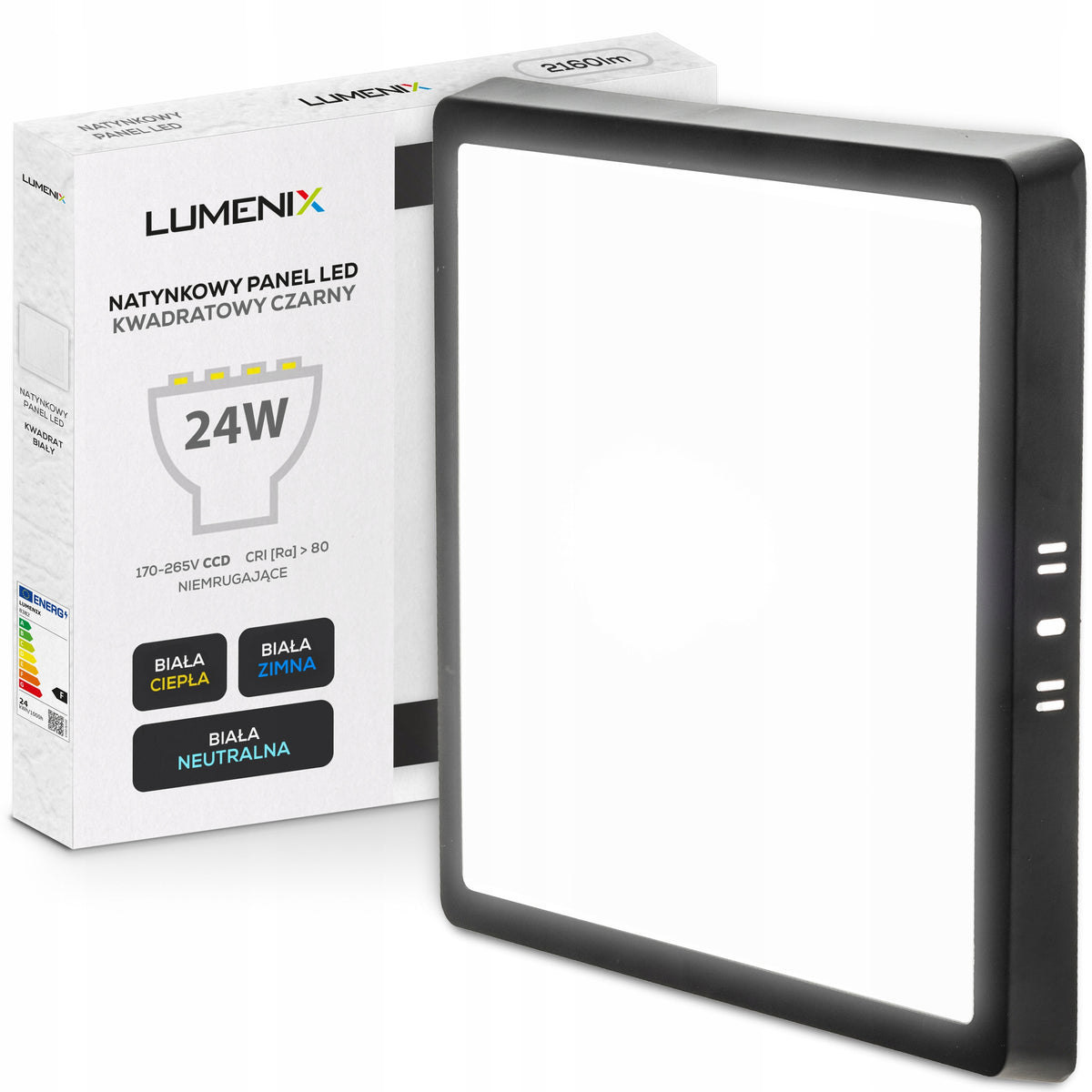 Panel Plafon Sufitowy LED Natynkowy Kwadrat 24W 2160lm Nie Mruga CCD Czarny lampa do salonu kuchni, oprawa 28 cm z