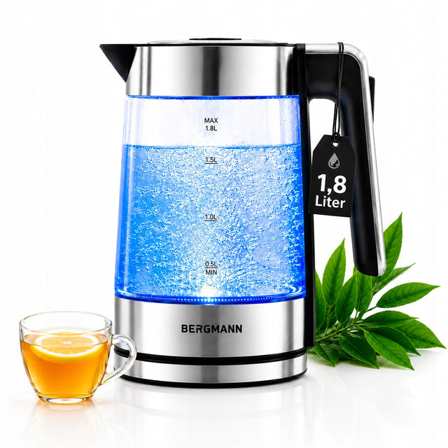 Czajnik elektryczny szklany bergmann 1,8l 2200W srebrny Podświetlenie LED 1.8 l 2200 w srebrny/szary szkło, tworzywo sztuczne